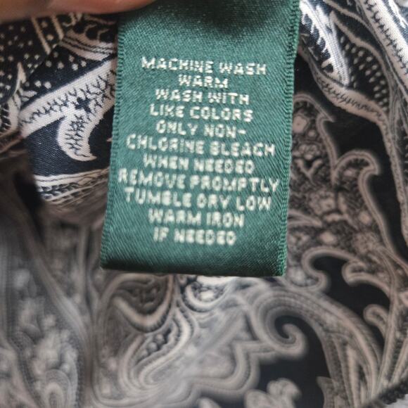 Lauren Ralph Lauren Women Boho Chic Black White Paisley Non-Iron Button-Up Top L - Picture 9 of 11